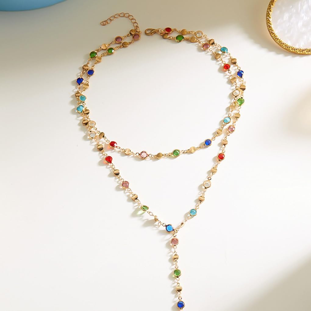 Colorful Necklace for Women,Gold Body Chain Jewelry Long Multicolor Beaded Choker Necklaces Rhinestone Drop Necklace,Festival Jewelry Accessories Gift - Image 6