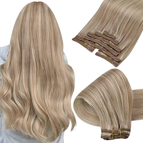 Real Hair Extensions Clip in Human Hair Blonde Highlights Bleach Blonde Clip in Hair Extensions Blonde Natural Human Hair Clip ins Ash Blonde Highlights Extensions Double Weft 24inch 7pcs 120g