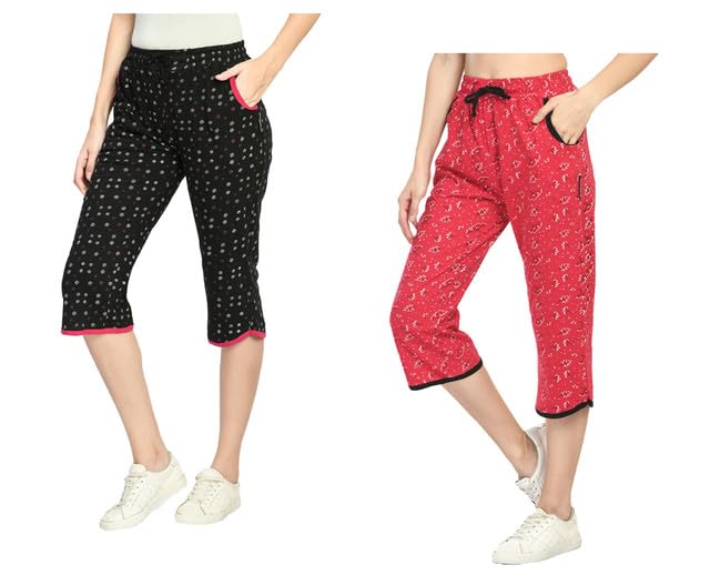 Womens Relaxed Fit Cotton 3/4th Capri Pants (Pack of 2) Magenta::Black3-picture-46
