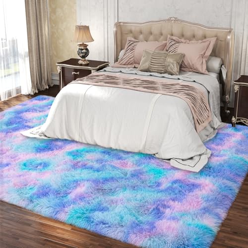 Image of Dssimo Cute Furry Purple Rainbow Rugs for Bedroom Girls Room Decor