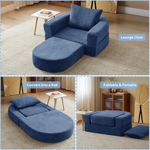 Folding Sofa Bed Chair, 2 in 1 Convertible Sofa to Lounger, High Density Foam Single Floor Sleeper Chair for Living Room, Apartment, Dorm, Small Spaces, Chenille Fabric and Wide Armrest, Blue