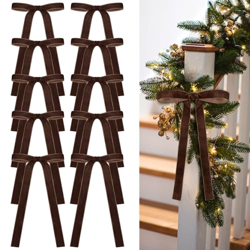 Glitinsel 24 Pcs Velvet Bows Christmas Tree Ornaments Vintage Velvet Ribbon Bows for Tree Garland Wreath Indoor Xmas Decorations(9 x 13 Inch, Width of 1",Chocolate Brown)