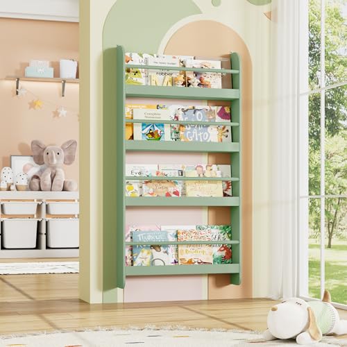 FOTOSOK Kids Bookshelf, Wall Mount 4-Tier Book Shelf Organizer for Toys and Books, Toy Storage Bookshelf in Bedroom, Living Room and Nursery, Green - Image 5