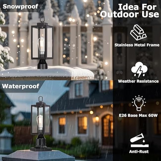 LIT-PaTH Outdoor Post Light, Pole Light with E26 Medium Base, Stainless Metal Housing Plus Glass, Outdoor Post Lighting Fixture for Garden Patio Porch, Matte Black Finish, Bulb Not Included, 1-Pack