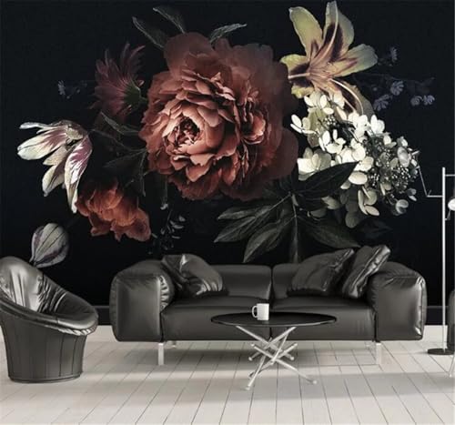 XLMING Minimaliste Rétro Rouge Pivoine Lys 3D Papier Peint Texture Soyeuse Intissé Salle à Manger Bureau D'étude Canapé Chambre Salon TV Mur-430cm×300cm