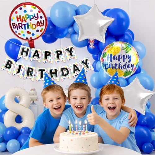 Image of Rozi Decoration 8th Birthday Decoration for Boys | Happy Birthday Decoration Kit Blue Theme with Pastel 8 Number Foil Balloon Decor Set of 58 Pcs