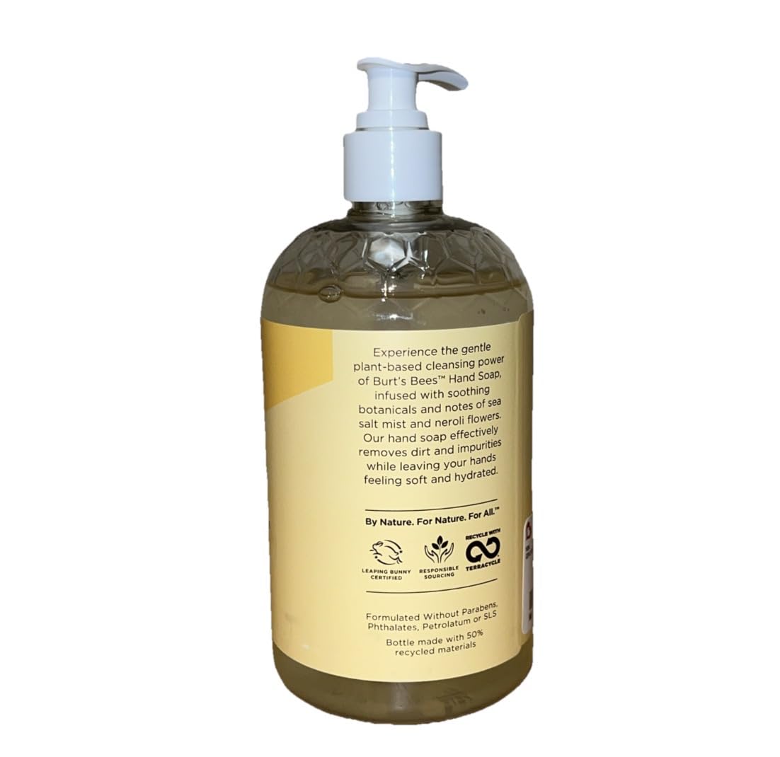 Burt's Bees Moisturizing Liquid Hand Soap Pump - Natural Hand Wash for Bathroom and Kitchen, Soft on Hands, Luxury Fragrance, Sea Salt Neroli Scent, 16 Fl Oz Bottle