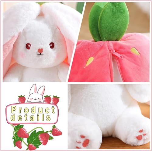 Image of Reversible Strawberry Rabbit Bunny Carrot Plush Toys with Zipper, Cute and Versatile Plushies Stuffed Animal Soft Toy Birthday Gift for Girls & Kids (Pink)