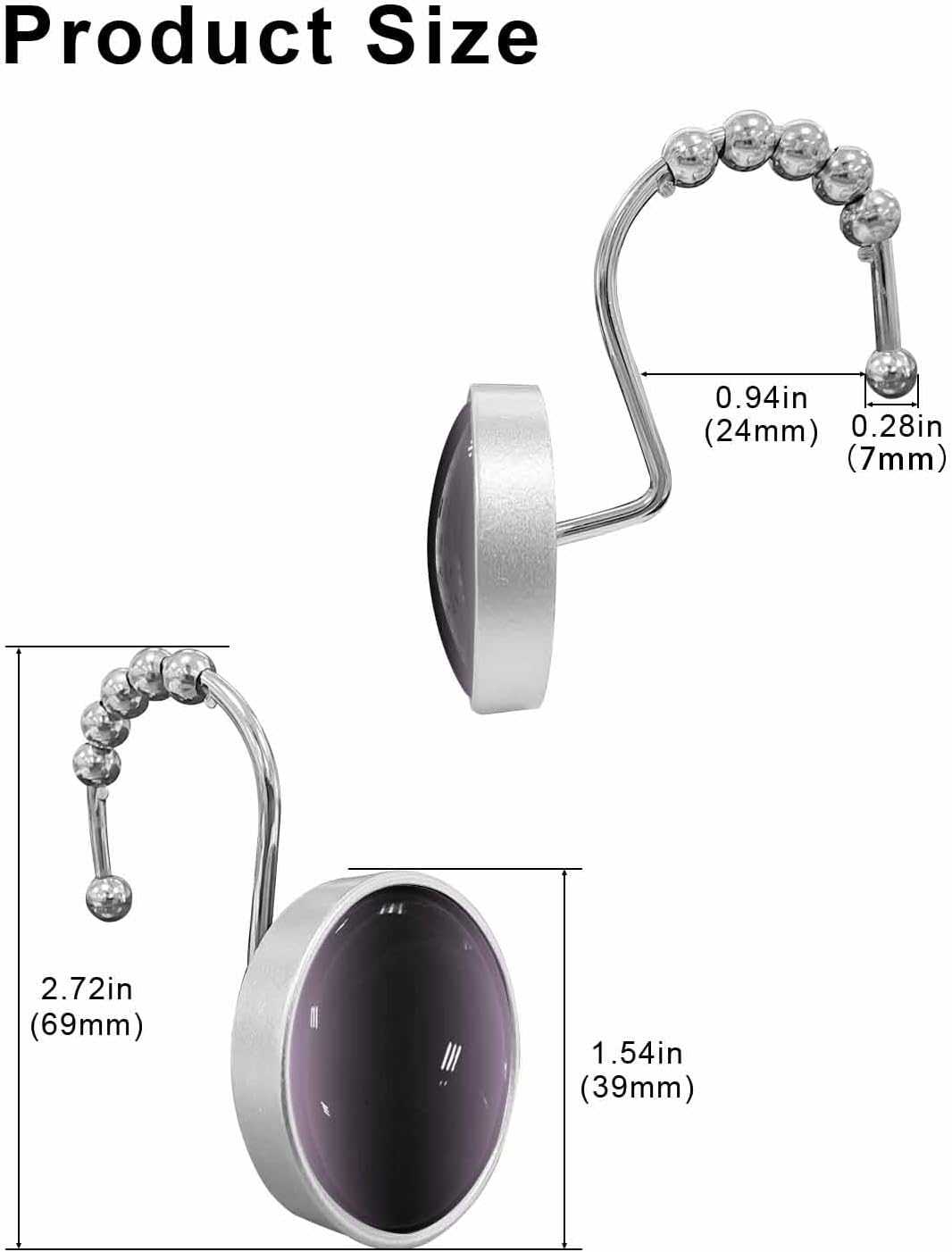 12PCS Shower Curtain Hooks Rings for Bathroom Ombre Abstract Gradient Purple and Black Crystal Glass Design Stainless Steel Rustproof Decorative Shower Curtain Hangers for Curtain & Liner