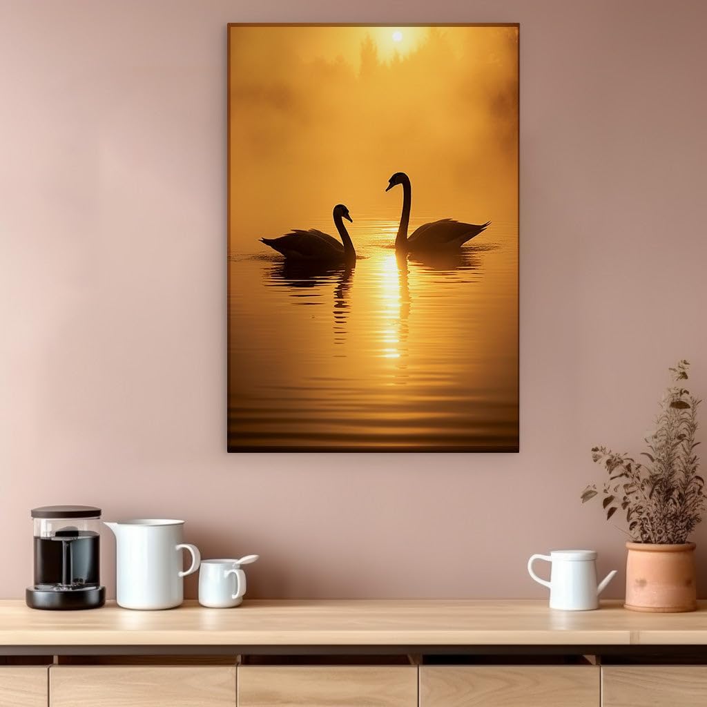 Canvas for Living room. Swans at Sundown: A Serene Symphony in Golden Hues, 27 x 18 inch Canvas Wall Art - Contemporary Masterpieces - Modern Home Decor