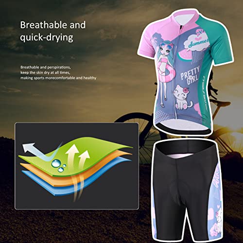 SXSHUN Kinder Jungen Radtrikot Mädchen Fahrrad Trikot Radhose mit Sitzpolster Kurzarm Radshirt Radsport Anzüge, Rosa+Grün, 152-158
