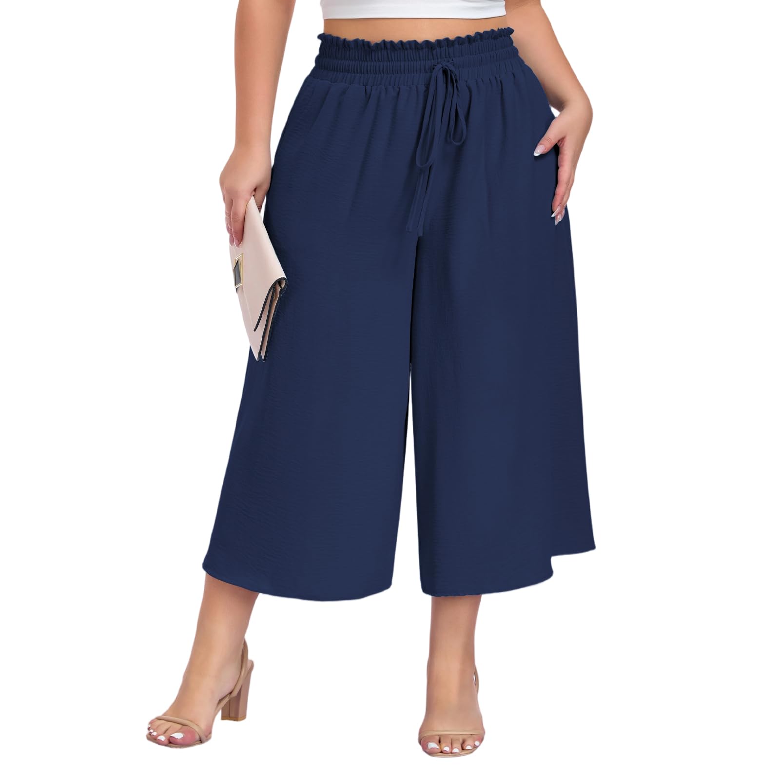 Moon Wood 3/4 Sommerhose Damen Leicht Hohe Taille Culotte Palazzo Hose Freizeit Lässig Weitem Bein Caprihose mit Taschen Große Größen