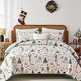Weihnachts-Bettwäsche-Set, Queen-Size-Größe, Weihnachtsmann-Tagesdecke, wendbar, grün, Weihnachts-Bettwäsche-Set, Elche, Bäume, gestepptes Bettbezug-Set mit 2 Kissenbezügen, Queen-Size-Bett (228,6 x