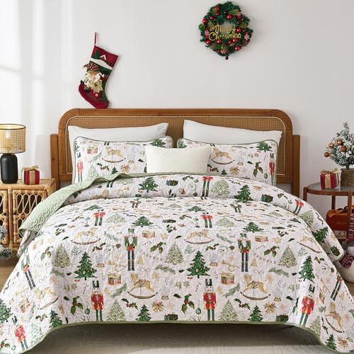 Weihnachts-Bettwäsche-Set, Queen-Size-Größe, Weihnachtsmann-Tagesdecke, wendbar, grün, Weihnachts-Bettwäsche-Set, Elche, Bäume, gestepptes Bettbezug-Set mit 2 Kissenbezügen, Queen-Size-Bett (228,6 x