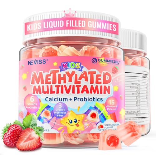 Kids Multivitamin Gummies + Calcium Probiotics Vitamin D3 C Methylated B12 & Methylfolate B6 A K2 E Zinc Prebiotics for Children Ages 4+ Clean & Sugar Free for Nutritional Support 60 Cts