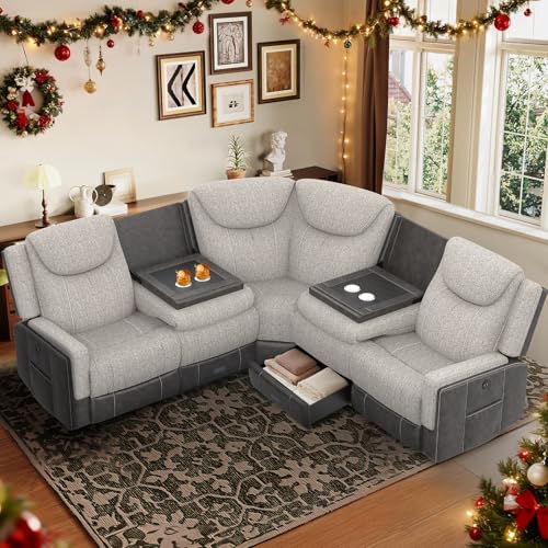 Dresegmt Manual Recliner Sectional Sofa for Living Room, Corner Couch with Flip Middle Backrest, USB Ports & Cup Holders, Grey Linen & Chocolate Leather, 5 Seater Sectional Couch