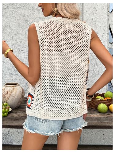 SHENHE Women's Floral Crochet Cardigan Lightweight Sleeveless Open Front Crocheted Sweaters2