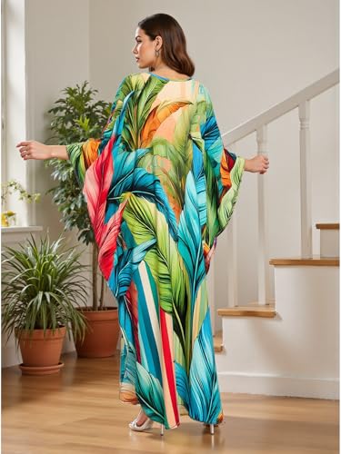 Image of IMAGEKOPE Women's Plus Size Animal Print V-Neck Batwing Kaftan Beach Dress Bathing Suit Cover-Up Loungewear