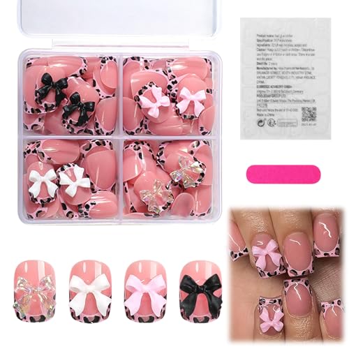 96 Pcs Kids Stick On Nails Colorful Leopard French Bow Fake Nails for Kids Includes 4 Jelly Glues & Nail File Ideal Nails for Kid/Teens/Women Plastic Childrens False Nails for Nail Decoratio (A)