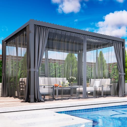 12' x 16' Louvered Pergola, Outdoor Pergola with Curtains & Netting, Metal Patio Pergola with Adjustable Louvers Roof and Gutter System, Metal Hardtop Gazebo for Patio, Deck, Garden, Yard, Dark Gray