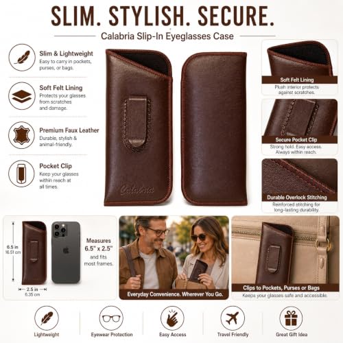 Image of Calabria Slip-In Eye Glasses Case w /Plastic Pocket Clip Faux Leather Felt Brown Men Women Eyeglass Pouch Sunglasses Holder - 12PACK