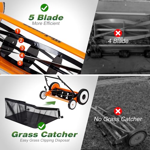 Image of Walensee 20-Inch 5-Blade Push Reel Lawn Mower, Cordless Manual Reel Lawn Mower Walk-Behind Steel Lawn Mowers with Removable 11.8-Gallon Grass Catcher, Sponge Grip, 9-Position Cutting Height Adjustment