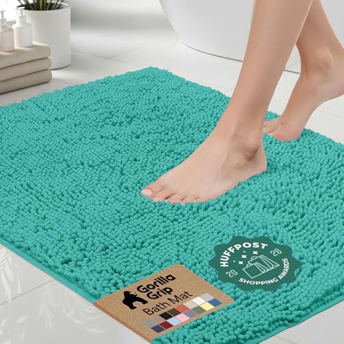 Image of Gorilla Grip Luxury Chenille Bathroom Rug Mat, 44x26, Extra Soft and Absorbent Large Shaggy Rugs, Machine Wash Dry, Perfect Plush Carpet Mats for Tub, Shower, and Bath Room, Turquoise