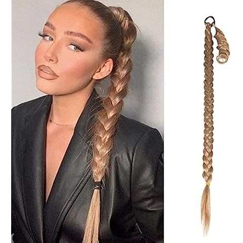 34"Ponytail Extension Long Straight DIY Braided with Hair Tie Straight Wrap Around Braid Hair Extensions Ponytail Natural Black Soft Synthetic Hairpiece for Women Daily Wear (34inch, 27#/613#) Cover