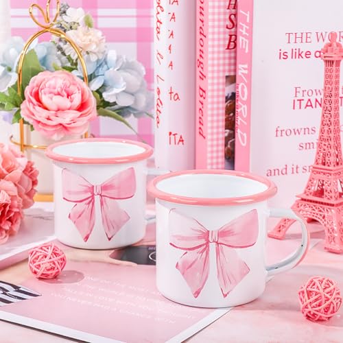 Tazas de café esmaltadas mini 12 Oz con moño rosa set 2 miniatura 5