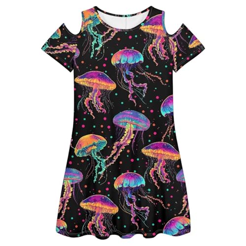 PinUp Angel Black Colorful Jellyfish Print Summer Casual Cute Floral Flowy Crew Neck Sundresses Graphic Beach Shift Dress for Women
