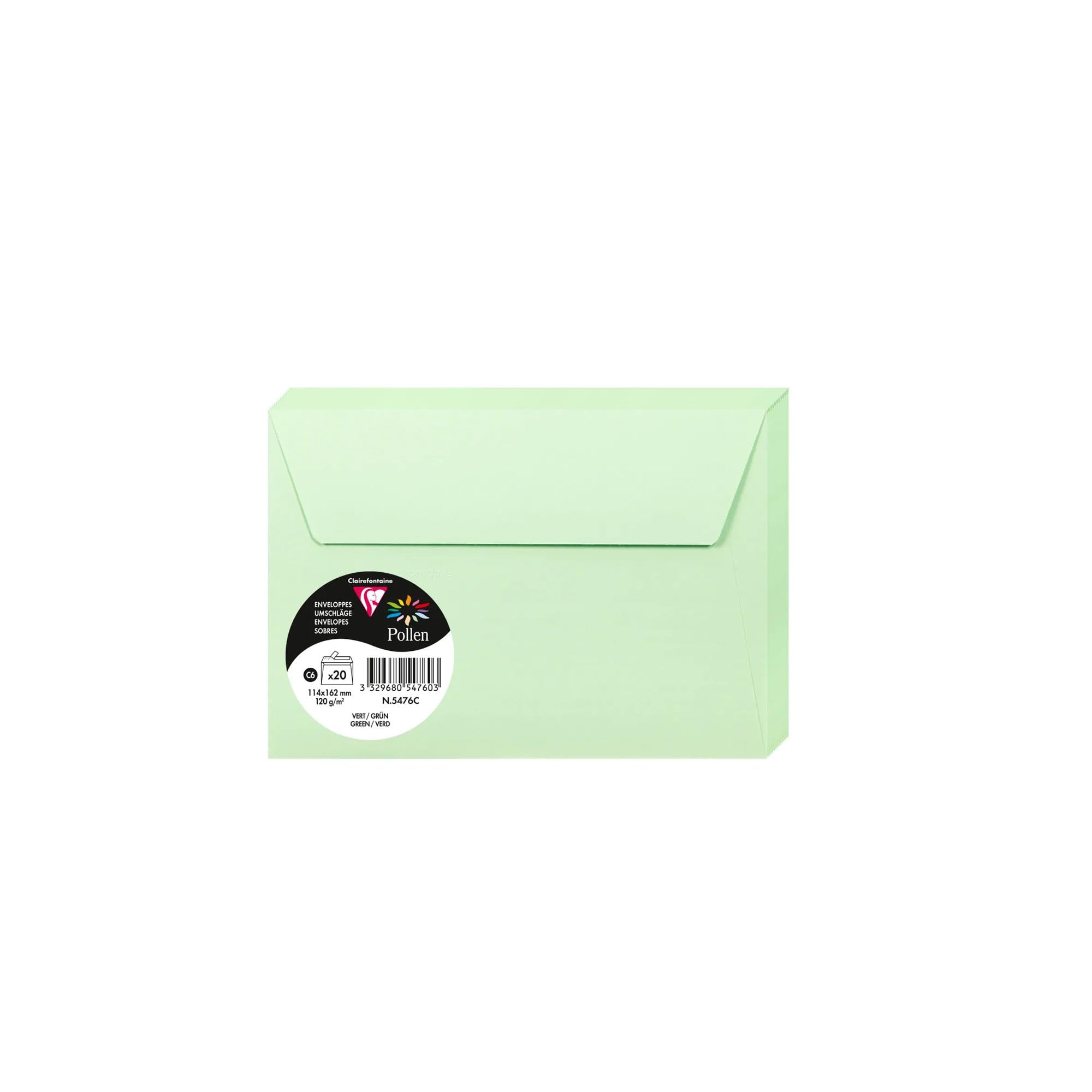 Clairefontaine 5476C Pack of 20 Self-Adhesive Envelopes Format C6 11,4x16,2cm 120gsm Colour Green Invitation Events Correspondence Pollen Range Premium Paper