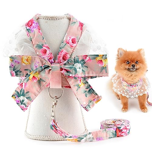 SMALLLEE_LUCKY_STORE ペット服 犬 服 春 夏 超小型犬 小型犬 蝶結び 花柄 ワンピース型ハーネスリードセット 可愛い子犬 スカート バンドdリング 洋服 猫服 涼しい 袖なし女の子 姫様ドレスドッグウェア犬の服 チワワ服お散歩お出か