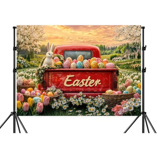 Wathon Easter Backdrop Red Truck Carrying Eggs Bunny Flowers Photo Backdrop Spring Outdoor Travel Nature Scene Birthday Baby Shower Photo Background Party Banner Booth Studio Video Props 12X10FT