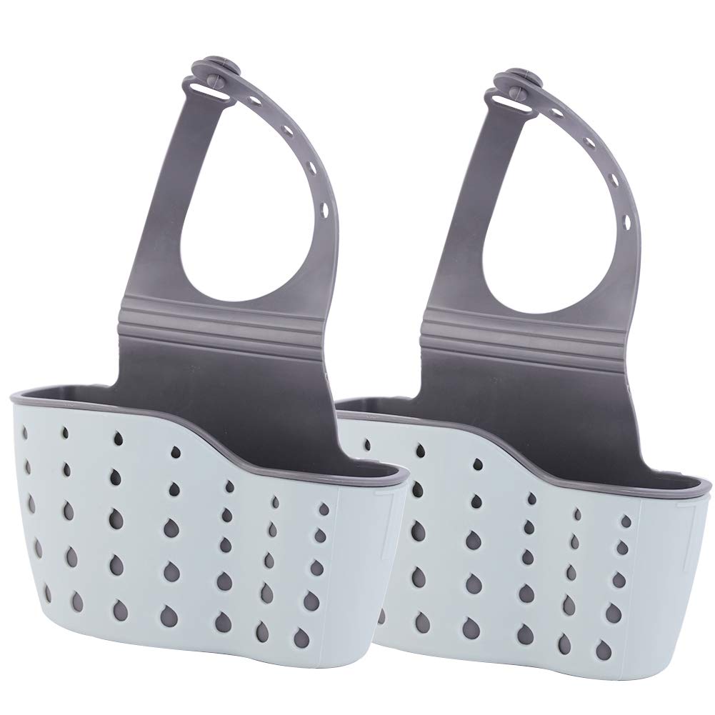 2PC Kitchen Sink Caddy Sponge Holder Silicone Plastic Soap Holder Hanging Ajustable Strap Faucet Caddy with Drain Holes