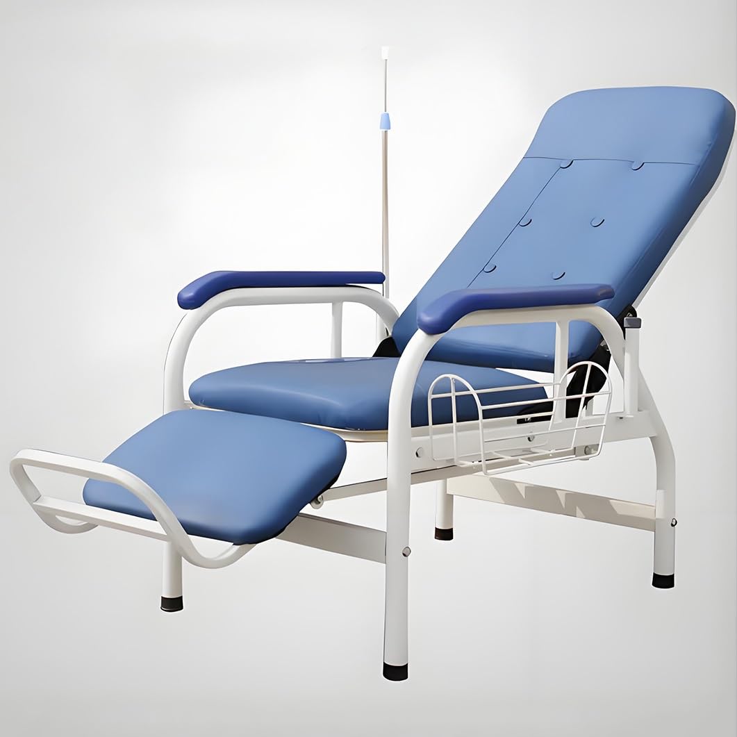 WDSOPK Blue & White Phlebotomy Reclining Chair with Armrest & IV Pole - Comfortable Waiting Room Clinic Seating Leather Reception Chair for Offices Fully Adjustable