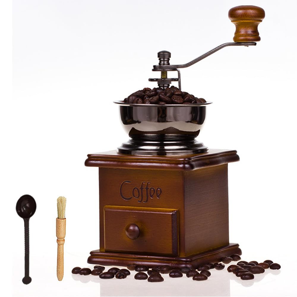 FUYTERY Manual Coffee Grinder Vintage Style Wooden Coffee Grinder Roller  Grain Mill Hand Crank Coffee Grinder (with brush,measuring spoons)