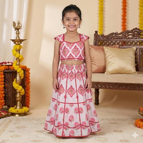 Image of Girls Rayon Lehenga Choli Set with Inner Cape | Lacework Floral Printed Kids Ethnic Wear | Traditional Indian Outfit for Girls (2-10 Years)