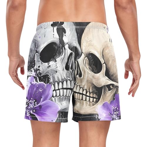 Mens Swim Trunks with Liner, Skulls Floral Purple Black Cool Quick Dry Beach Swim Shorts, Swimwear Bathing Suits S2