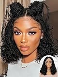 FANCEE Curly Braid Full Lace Wig Double Full Lace 14 Inch Curly Wavy Micro Box Braided Bob Wig with Baby Hair Pre Plucked Knotless Squrare Part Mini Braid Wig for Black Women