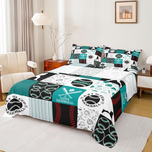 Image of Castle Fairy Baseball Bed Sheet 4 Piece,Patchwork Baseball Sheets Full Size Bed Set,Sports Geometric Grid Green Bedding Set with Flat,Fitted Sheet,2 Pillow Cases