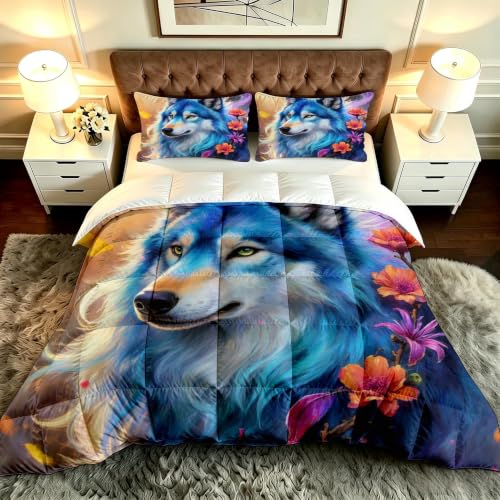 Gumntun Edredón Cama 105-200x200 cm Lobo Animal de Colores, Microfibra Lavable y Transpirable 3D Juego de Ropa, Matrimonial FáCil Lavar Juego de Cama Estampado para Regalo_B20284
