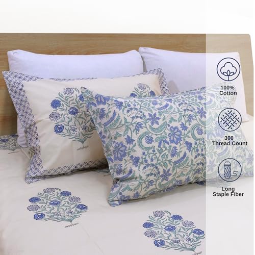 Image of TOAI Hand Block Printed Bedsheet | Bed Spread Flatsheet Bed Sheet | Pure Cotton | King Size 108 inchx108 inch | 300 TC Long Staple Cotton | 2 Reversible Pillow Covers |Mughal Motif on Beige