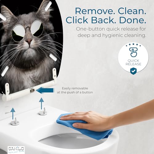 Image of Sanilo Wooden Toilet Seat with Quick Release & Soft Close [ROUND] - Decorative & Slow Close Molded Wood Seat - With One Click for Easy Installation & Cleaning - With Adjustable Fit (Cool Cat)