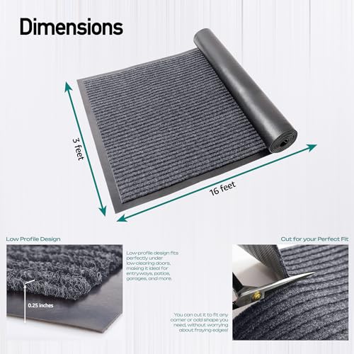 Image of MaxMat Oversized Rubber Door Mat - Heavy Duty, Waterproof, Low-Profile, Easy to Clean, Commercial Floor Mat (3 x 16 Feet, Grey, MXM-RIB0316GR)