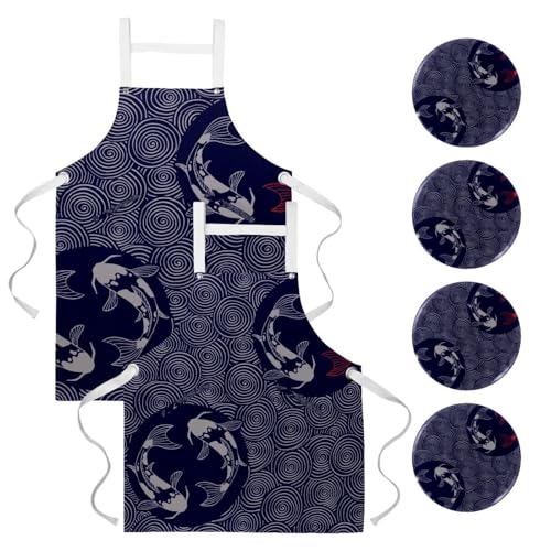 Tablier de serveuse style carpes koï pour la pâtisserie et le bistrot