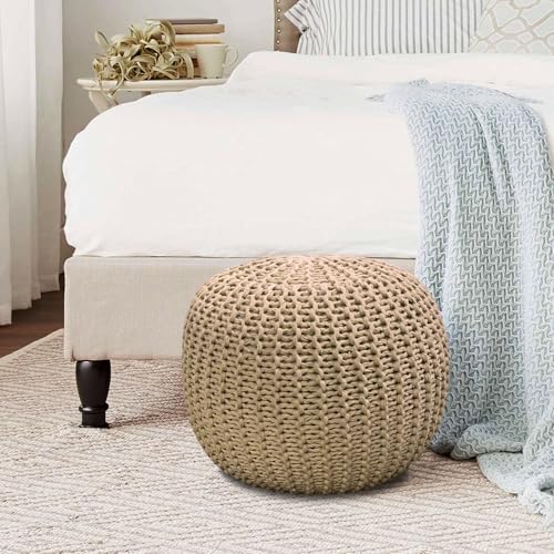 Image of Amazon Brand - Umi Round Hand Knitted Cotton Ottoman Puff Pouffe for Living Room, Cappuccino, 40x40x30 cm, Pack of 1