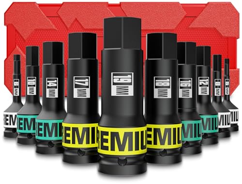 Aurlloct Douilles Longues à Chocs Hexagonal 1/2’’, Jeu de 10 Douille Allen à Choc, 5 mm - 19 mm Douille à Embout, Convient pour Les Bricoleurs,...