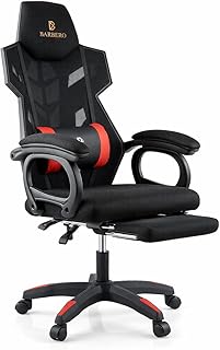 BARBERIO Gaming Stuhl Ergonomisch, Bürostuhl 150 kg belastbar, atmungsaktives Mesh, mit Fußstütze, verstellbare Armlehnen, 54 cm Sitz, 360° drehbar, Lendenwirbelkissen, höhenverstellbar (Schwarz-Rot)