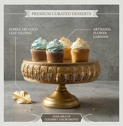 Image of Vintage Gold Cake Stand - 8 Inch Round Ornate Metal Cupcake Holder, Elegant Dessert Display Platter for Weddings, Birthday Parties, Baby Showers, and Afternoon Tea (Oval)