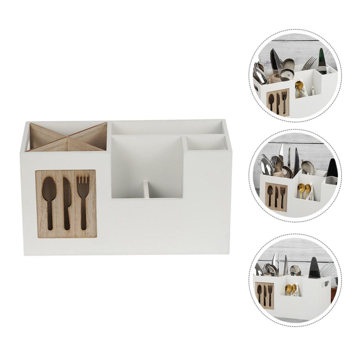 Zerodeko Porte-ustensiles Organisateur Multi-compartiments sans Couvercle Cuisine en Bois Naturel 28x12x15 Cm Accessoire Rangement Pratique pour Cuillères, Fourchettes et Couteaux